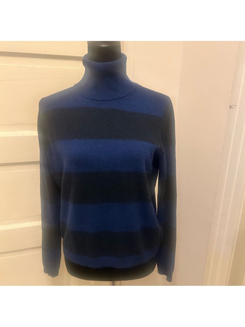 THEORY Striped Blue Turtleneck Wool Cashmere Sweater Goth Wednesday Addams Cosy